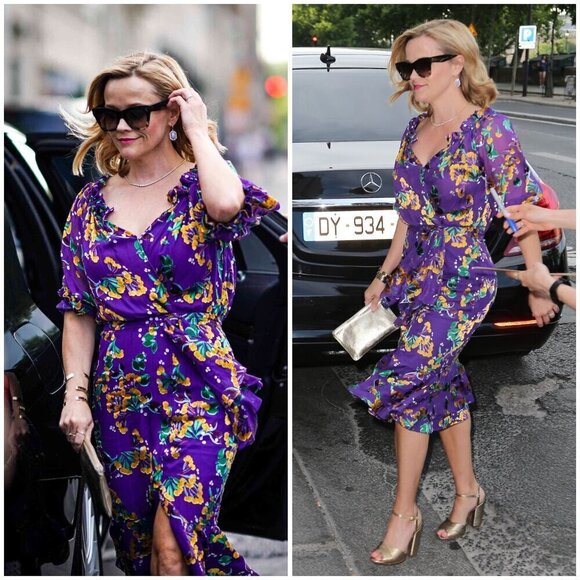 💕SALONI💕 Olivia Floral Printed Silk Midi Dress ~ Violet Sweetpeas US 4 - Picture 3 of 16